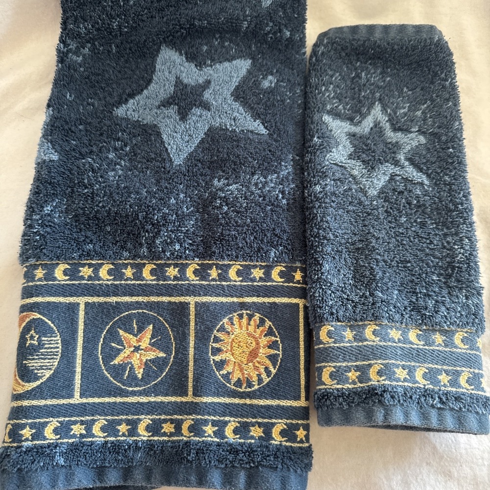90s Springmaid Celestial washcloth & Hand Towel  Navy Blue Sun Moon Stars Y2K